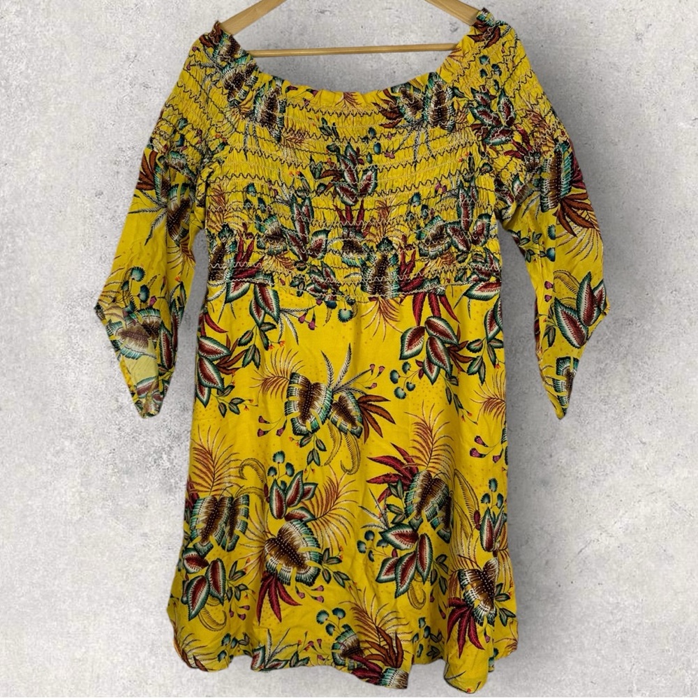 Anthropologie Farm Rio Yellow Floral Smocked Mini Dress Size Large Petite Boho L - Picture 3 of 16